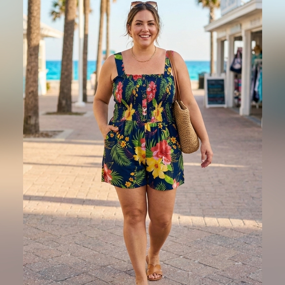 Rouge Collection Tropical Floral Smocked Romper 4X Navy Blue Pockets